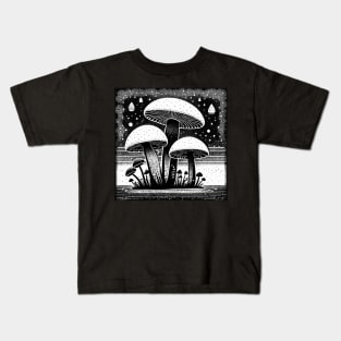 Black and White Mushroom Lino Print Kids T-Shirt